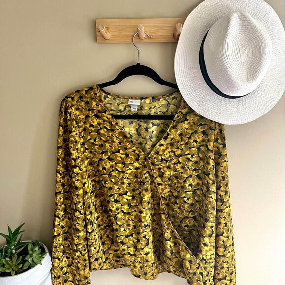 XXL A New Day Yellow Black Floral Long-Sleeve Wrap top - Picture 1 of 10